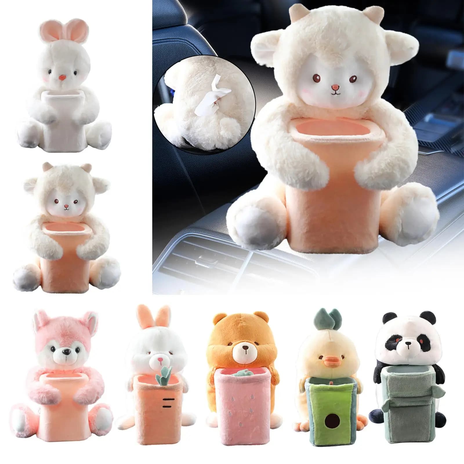 Cute Plush Animals Tissue Paper Box for Car Trash Can Holder Napkin Organizer Soft Flamingo Car Interior Decoration
