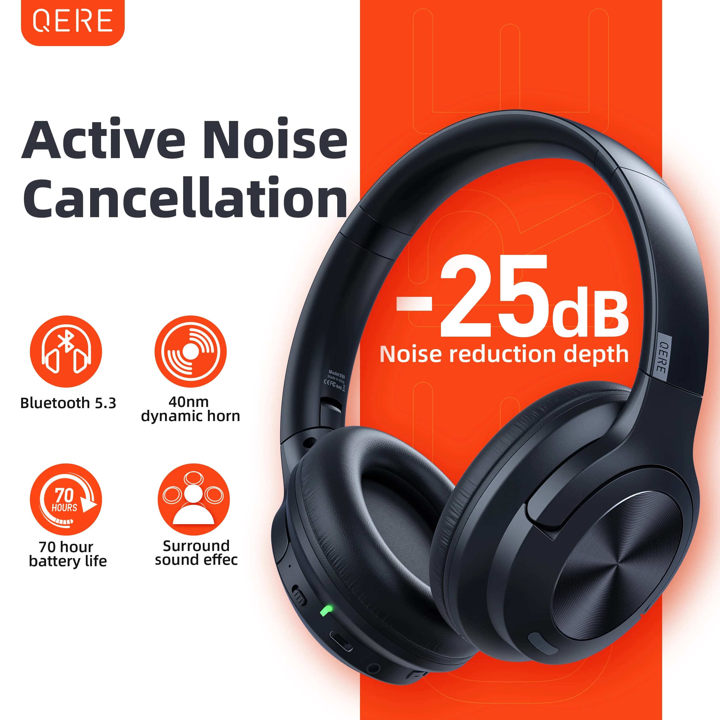 Cuffie wireless QERE E80 Auricolare bluetooth 5.3 ANC Cancellazione del rumore Audio ad alta risoluzione Cuffie over the ear 70H 40mm Driver2.4G