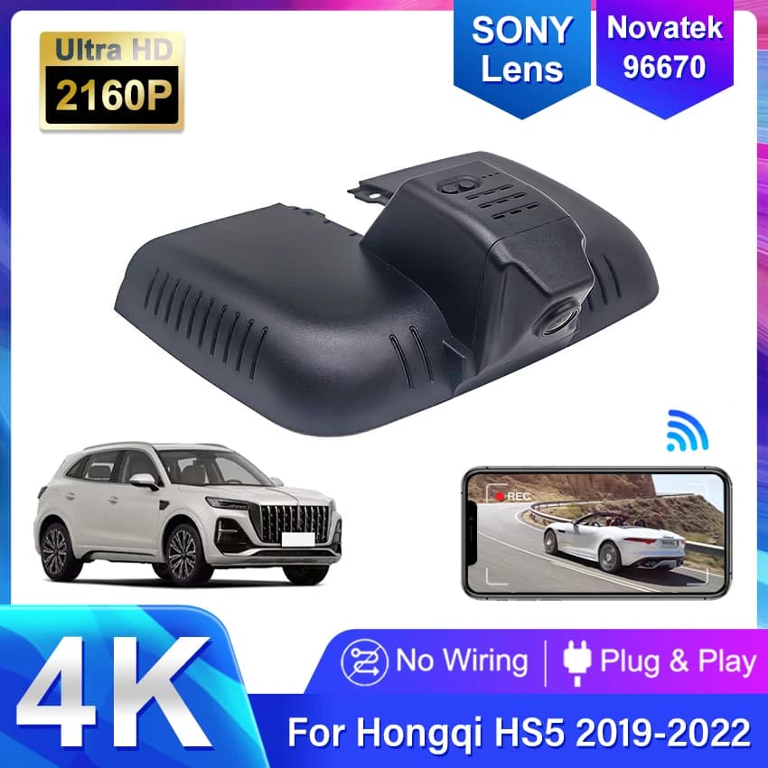 4K HD 2160P New Plug and Play WIFi Car DVR Video Recorder Dual Lens Dash Cam For Hongqi Hong Qi HS5 2019-2022 Control By APP