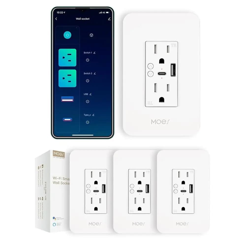 Smart USB Wall Clasp with Type-C and Type-A Ports, 2.4GHz Incasso Wi-Fi Grip, 4 Pack, Individual Remote Control On/Off 15A