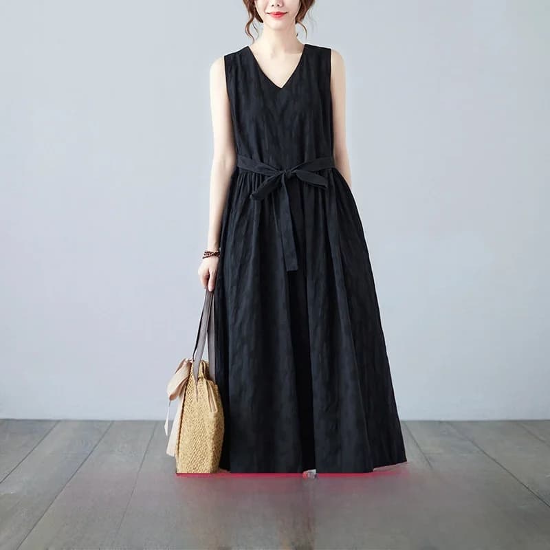 Summer New Style Korean Version Slimming Cotton Linen Embroidered plus Size Extended V-neck Sleeveless Midi Dress Long Skirt
