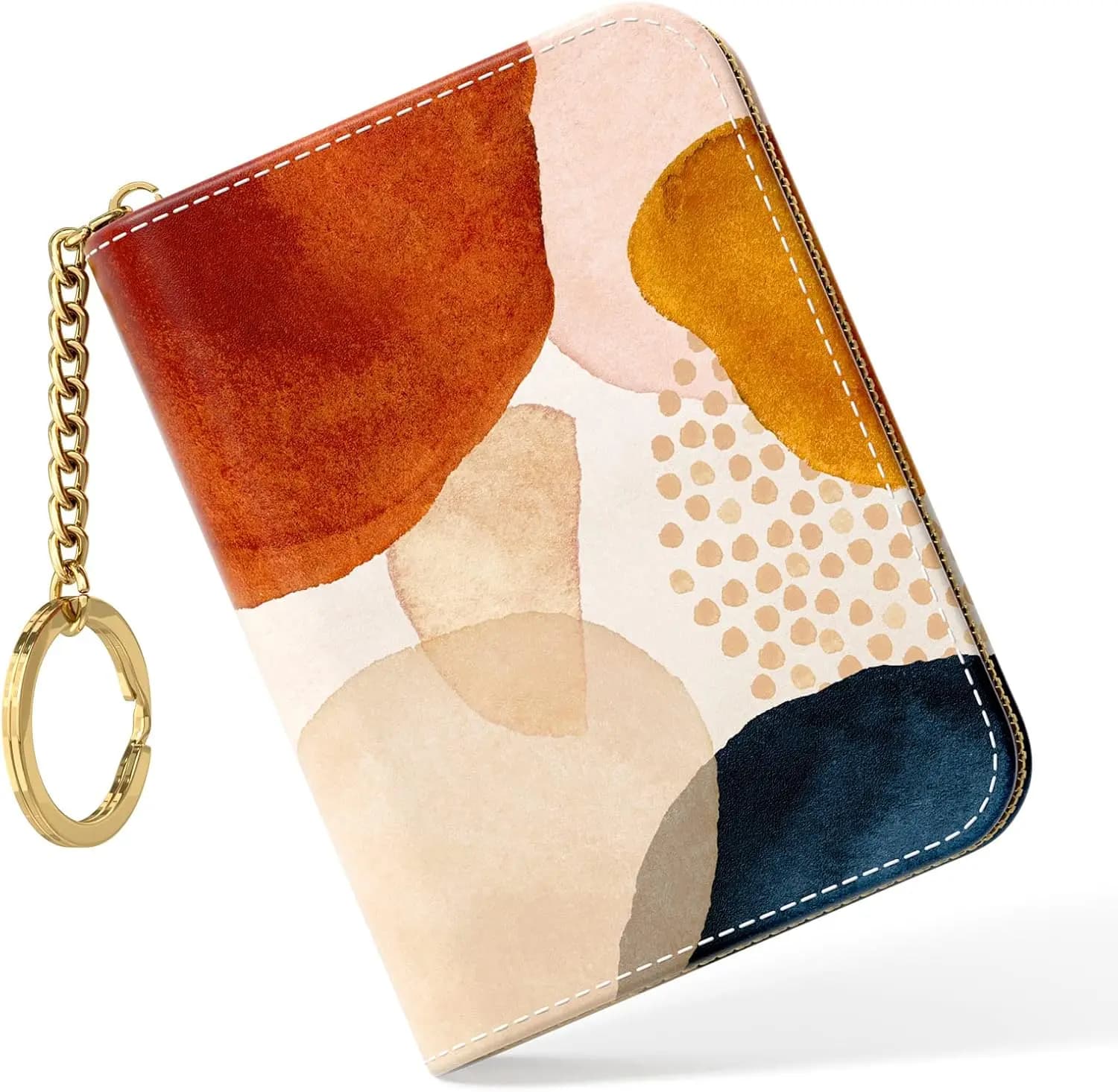 Portafoglio Sottile RFID per Donne - Piccolo Porta Carte di Credito in Pelle con Cerniera e Portachiavi, Design Artistico Astratto