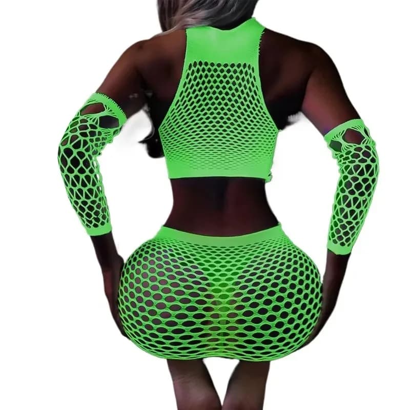 Completo Sexy Trasparente a Rete da Donna, Due Pezzi, Fluorescente, con Apertura all'Inguine, Bodystocking Luminoso per Feste e Club