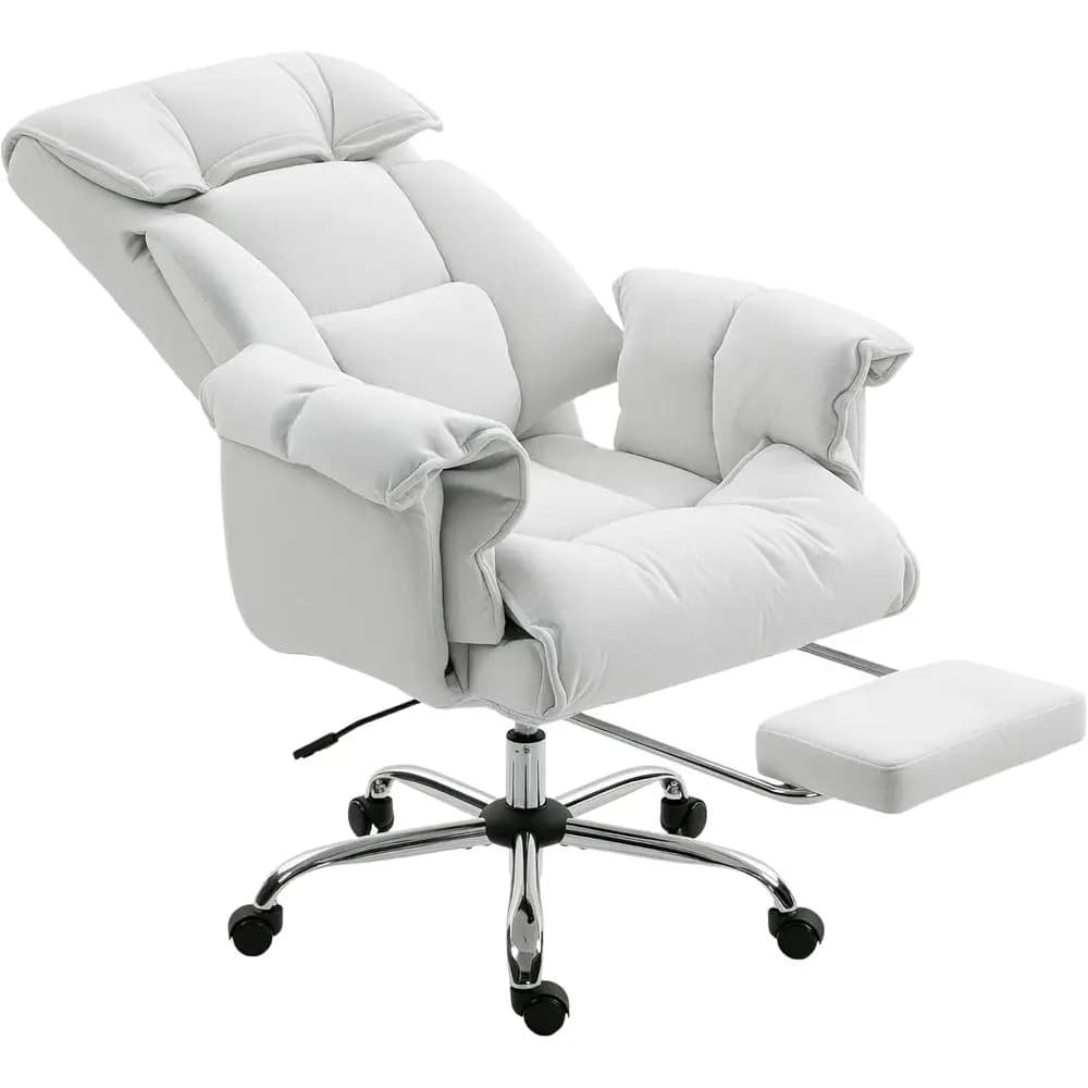 Sedia da Ufficio Ergonomica Girevole Reclinabile con Poggiapiedi, Schienale Alto, Seduta e Braccioli Imbottiti, Altezza Regolabile, Bianco Crema