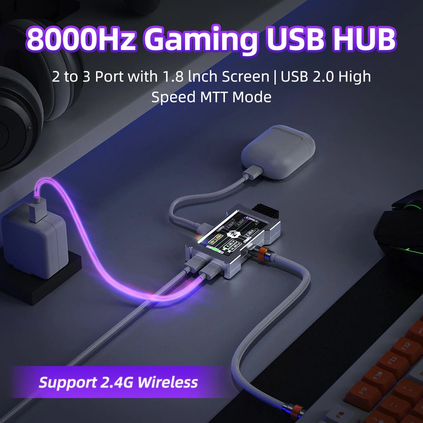 Gaming USB HUB 2 to 3 Port Real 8000Hz Independent Power 1.8 Inch Screen Metal Shell Support MTT for IOS/Windows PC