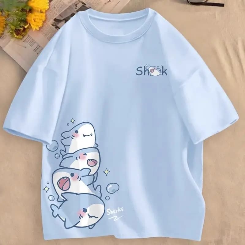 Style Loose Women's T-Shirt Short Sleeve Student Dopaamine Summer Top Pastel Blue Breathable Sweat Wicking round Neck