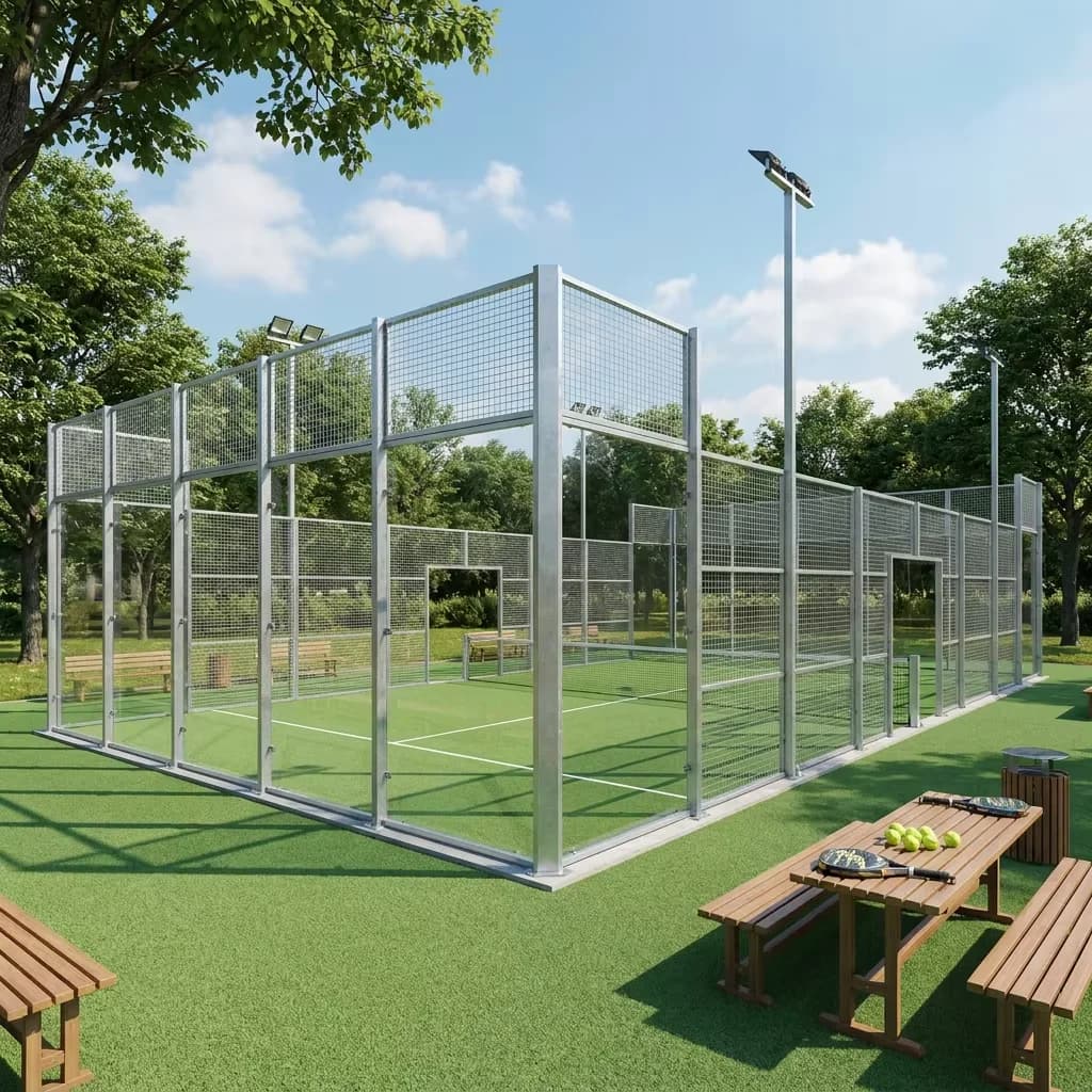 Panoramic Padel Tennis Court Full Glass Surrounding Fence Top Ball Stopping Net With LED Lights Complete Outdoor Paddle Court