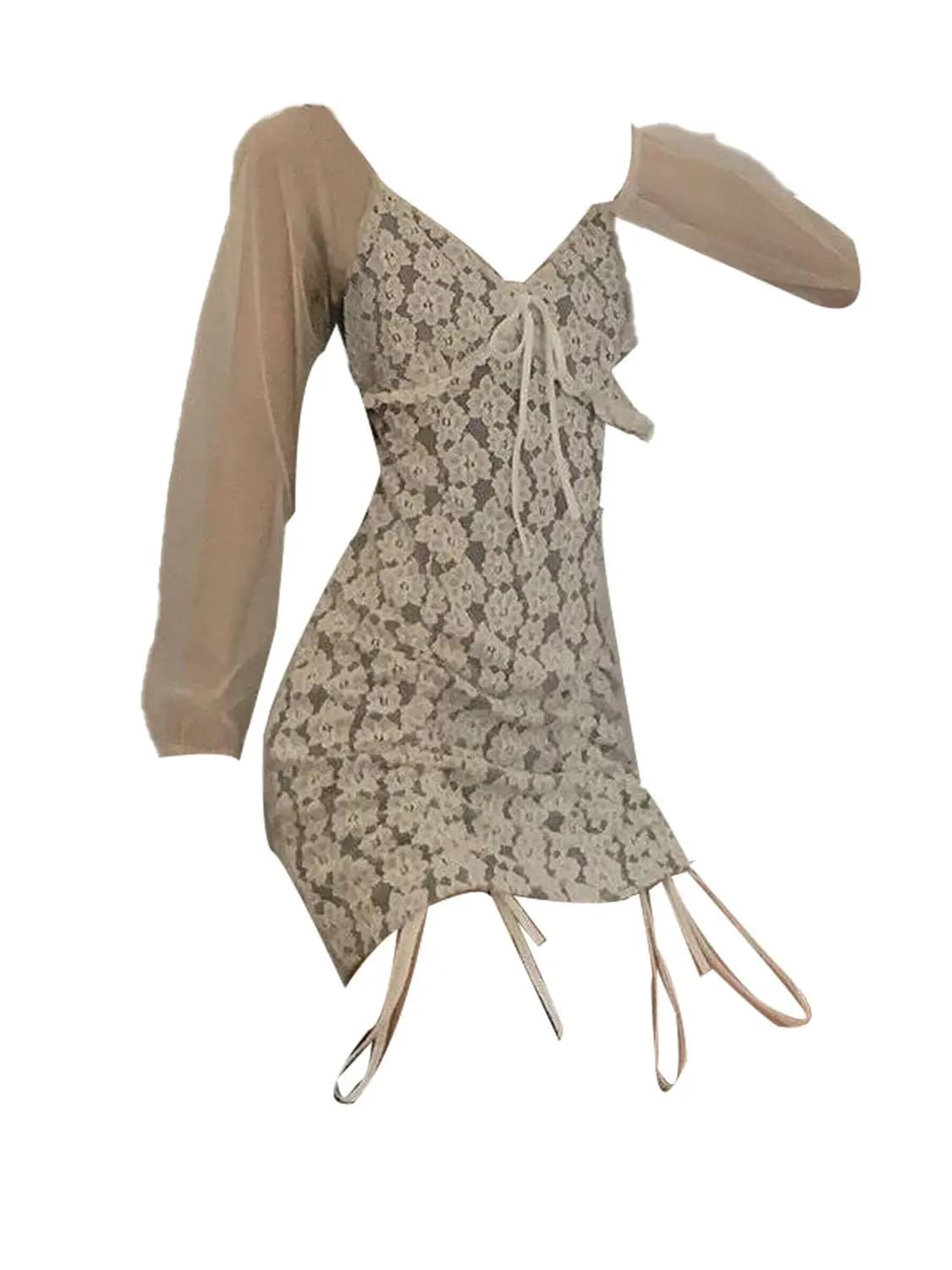 Abito in pizzo a maniche lunghe slim fit con coulisse, nuovo arrivo autunnale per studentesse, gonna a trapezio stile coreano, scollo a V, per tutti i giorni
