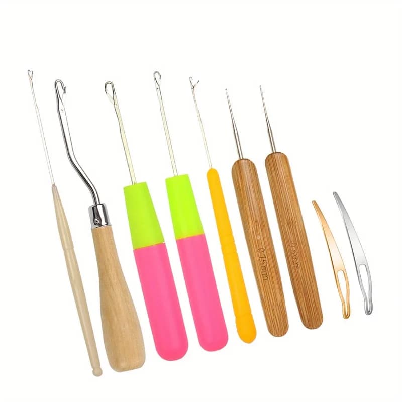 Set di 9 ganci con chiusura piegata, ago per uncinetto, strumento per dreadlocks, maglieria, uncinetti, strumento per estensioni dei capelli per intrecciare