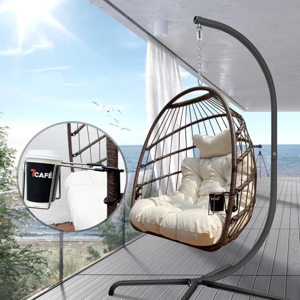 Swing chair for eggs with support: rattan in wicker for interior and exterior, special cushion and cup holder