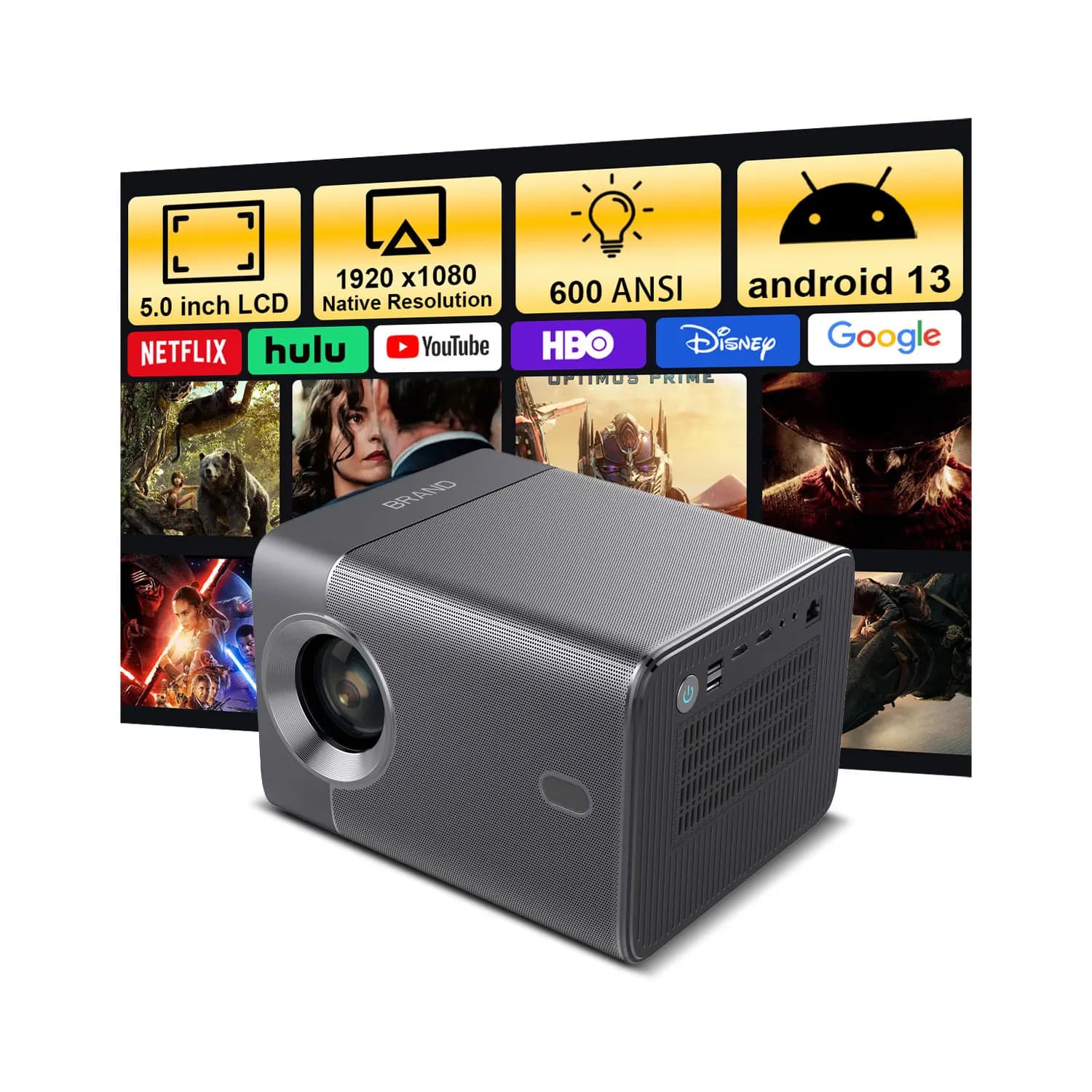 Mini Proiettore A6 1080P per Esterni con Android 13, Supporto 4K, LCD 5.0", Home Theater Portatile, 2GB RAM, 32GB Memoria, 600 ANSI Lumen