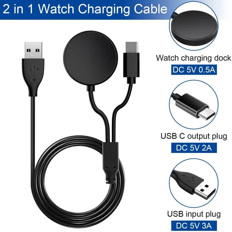 Caricabatterie 2 in 1 per Galaxy Watch compatibile con Samsung Galaxy Watch 6/6 Classic/5 Pro/5/4/3/Active2/1, cavo di ricarica USB C per telefono