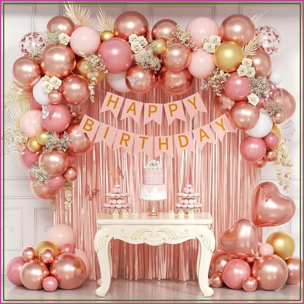 Rose Gold Birthday Decorations Set for Women - 45Pcs Party Supplies with Balloons, Fringe Curtain & Banner