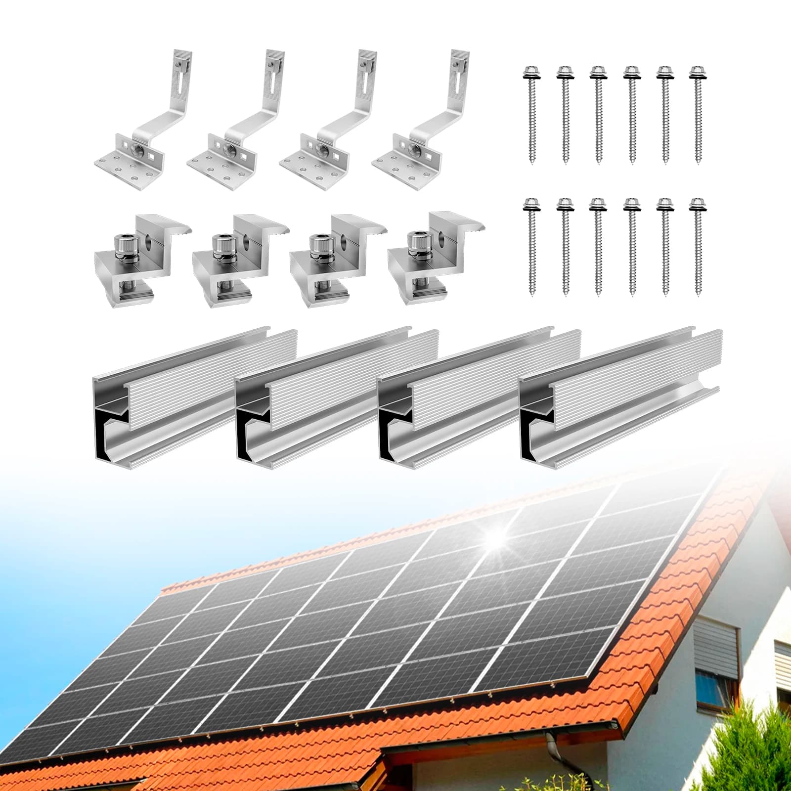 CP-SETUNO Set di montaggio per pannello solare, binario di montaggio fotovoltaico per pannello solare 1/2/4, binario di montaggio in alluminio da 300 mm, per 30/35 m