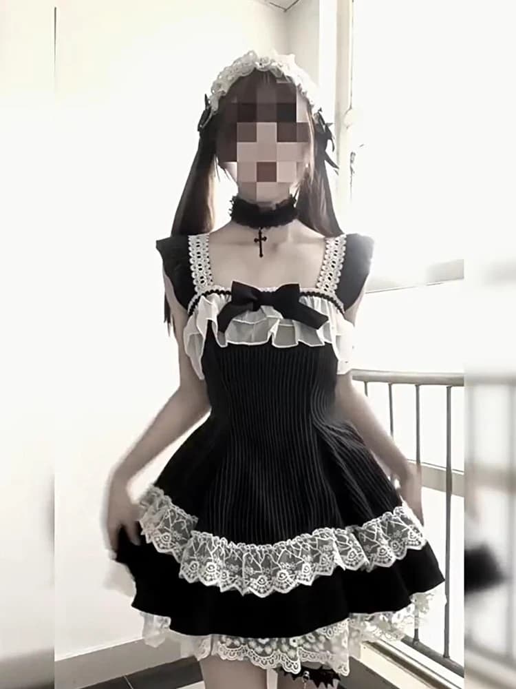 Dark Style Lolita Lace Splice Short Sleeve Dress Women's Summer 2026 Waist Cinching Slimming A-Line Skirt Daily Wear