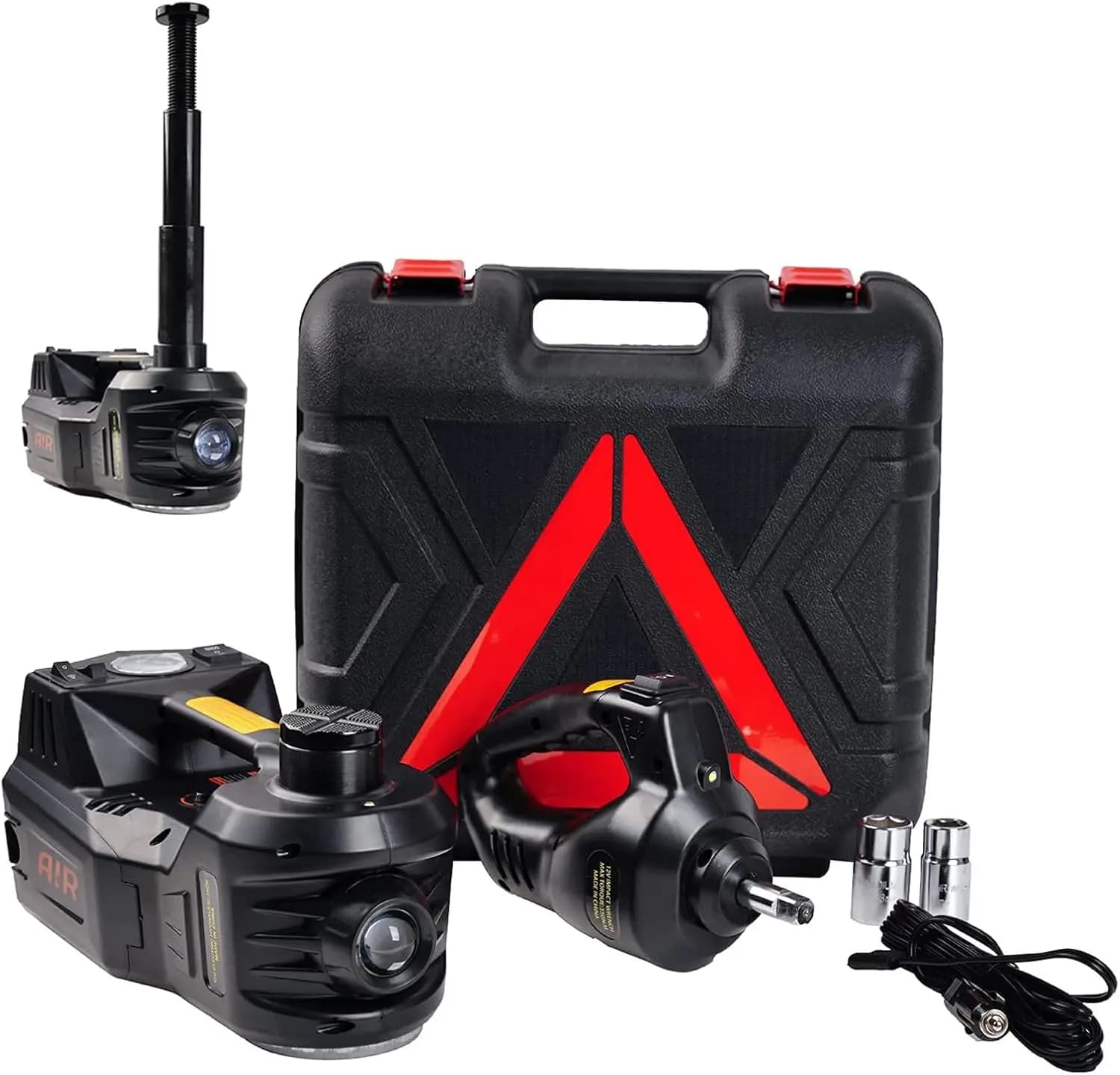 Kit Martinetto Idraulico Elettrico da 5 Tonnellate con Avvitatore a Impulsi e Pompa Gonfiagomme per SUV, Berlina e Camion