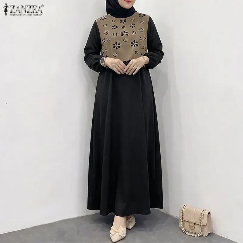 Women Muslim Dress Elegant Long Sleeve Hollow Out Fabric Patchwork Abaya Robes ZANZEA Islamic Hijabi Modest Ramadan Eid Kaftan