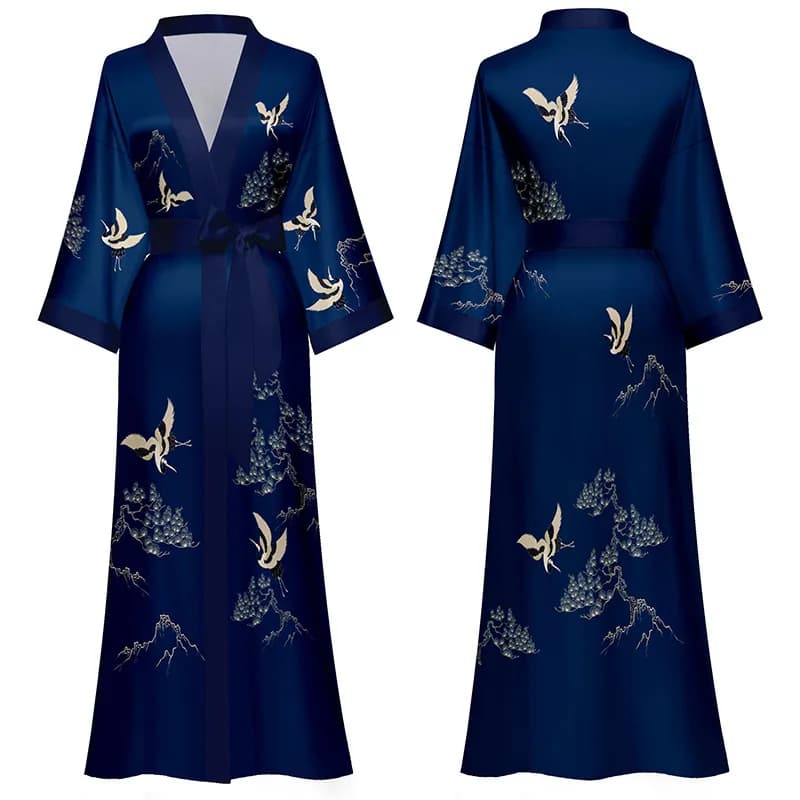 Abito da accappatoio Kimono blu Navy Vintage abito da notte Casual da donna abito da sposa abito da notte in raso da notte in stile cinese