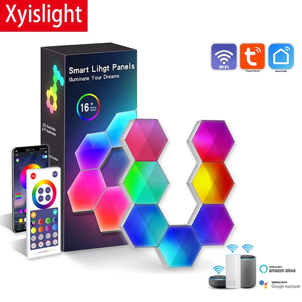 Tuya Quantum Lampada Smart APP WIFI Bluetooth Luce notturna LED Lampade a pannello esagonale Controllo vocale Induzione Luce al neon Lampada da parete fai da te