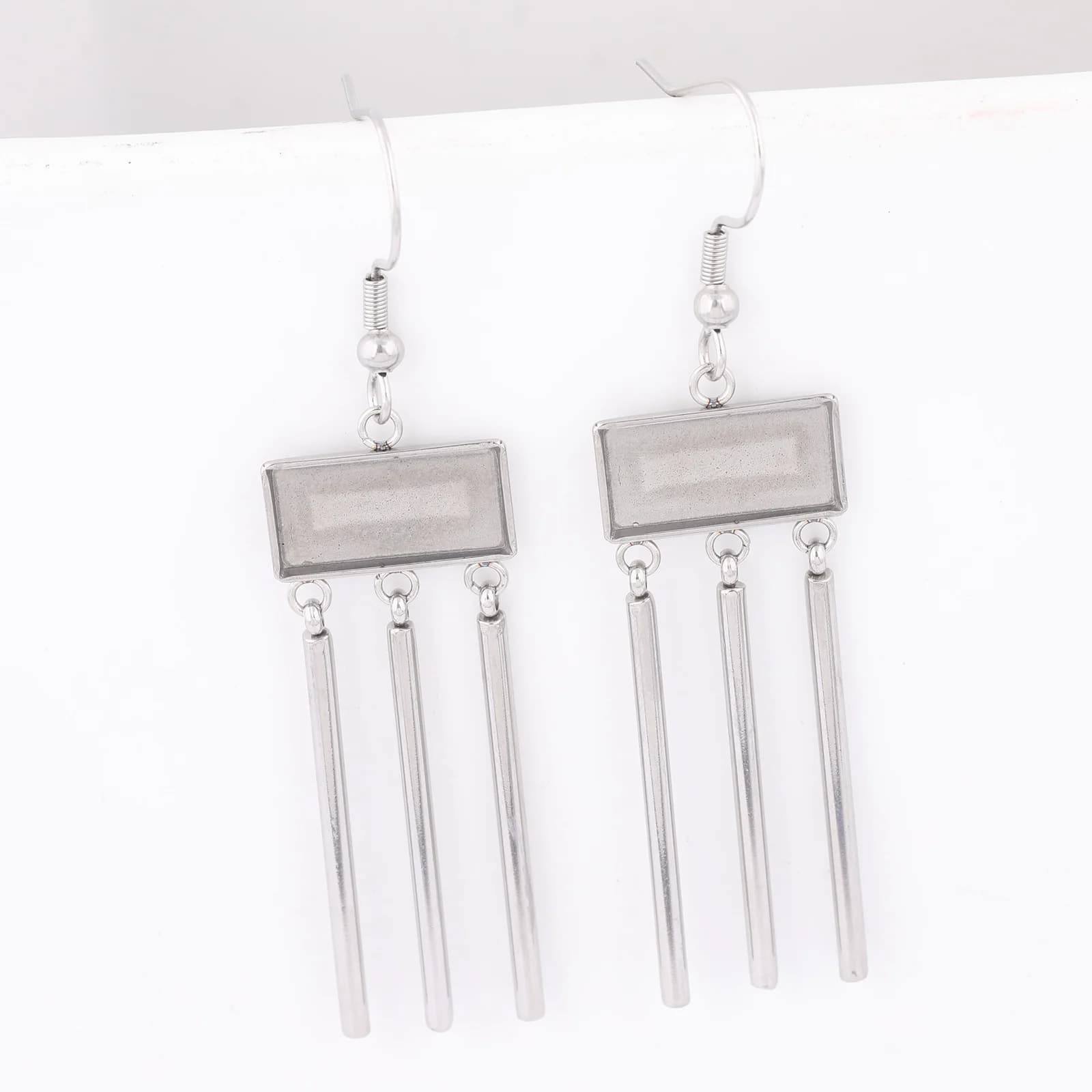 6 pezzi in acciaio inossidabile misura 7x14,5 mm rettangolo cabochon orecchino impostazione base spazi vuoti con ciondoli a goccia ganci fai da te risultati