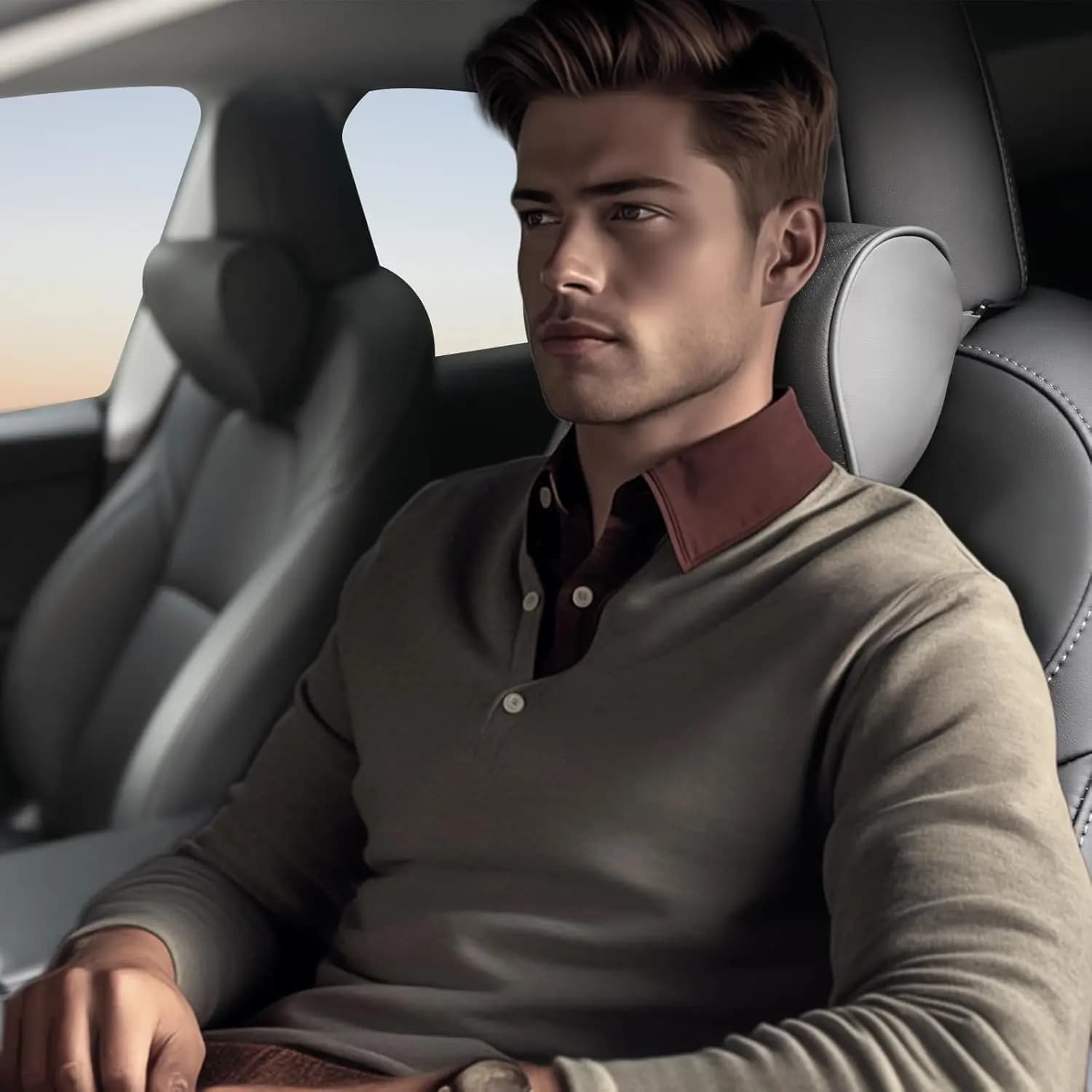 Cuscino Poggiatesta Migliorato per Tesla Model 3/Y, Cinghia Regolabile, Supporto Collo in Pelle per Viaggi in Auto