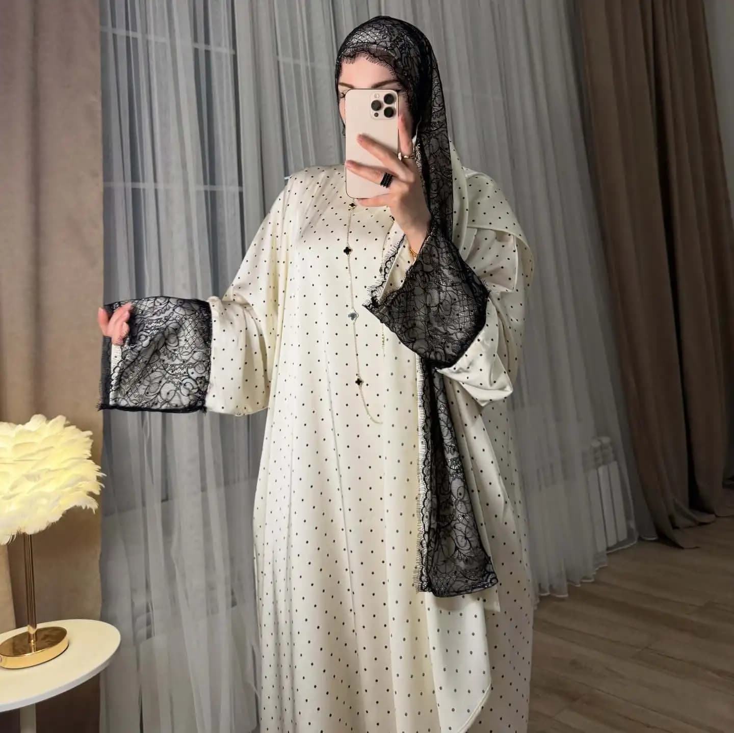 Dress Hijab Suit Women Eid Muslim Dresses Khimar 2 Piece Set Lace Wave Dot Print Robe Ramadan Morocco Kaftan Vestidos Jalabiya