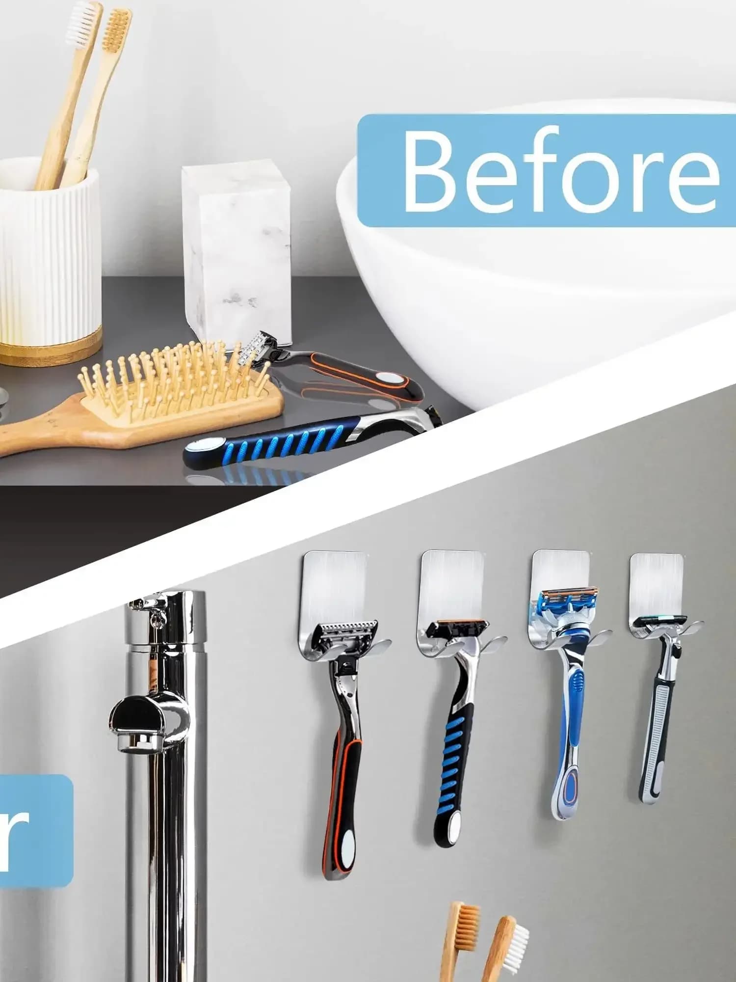 304 Stainless Razor Holder Steel Men Shaving Shaver Razor 2pcs Stand Shelf Shaving Razor Storage Rack Bathroom Hook Organizer