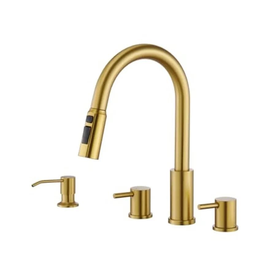 4 Hole Kitchen Faucet, Kitchen Faucet with Soap Dispenser and Pull Down Sprayer 3 Modes Kitchen Sink Faucets, Stainless Steel H