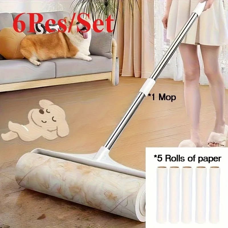 6pcs/Set 5 Rolls of Paper And 1 Mop Long Handle Hair Removal Device, Clothing Retractable Brush, Cat Hair Household Floor