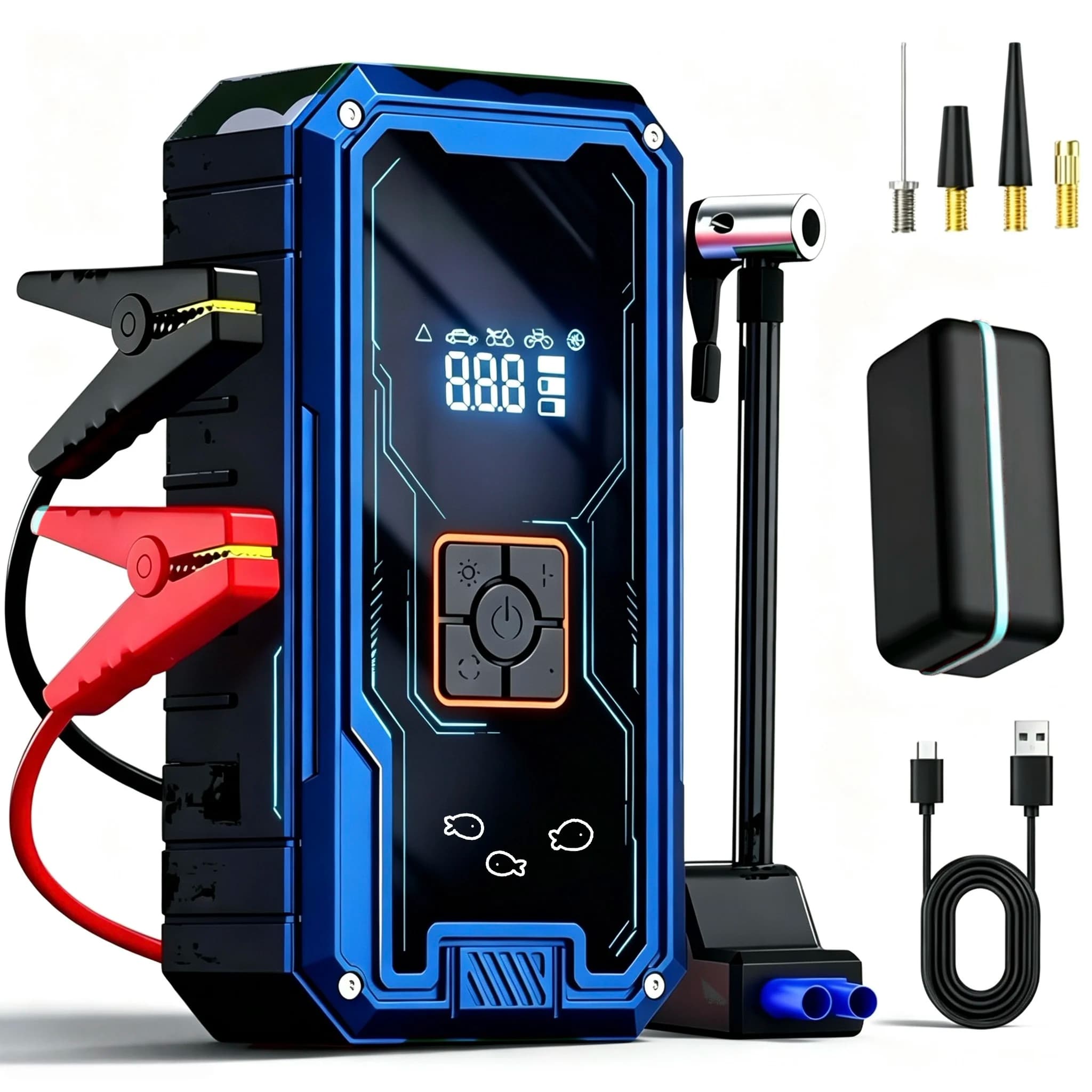 Avviatore di Emergenza per Auto 3000A con Compressore d'Aria 180Psi, Multifunzione 12V, Gonfiatore Pneumatici, Super Compressore, Power Bank