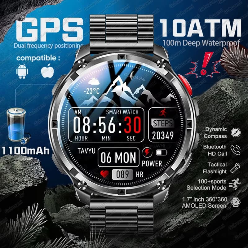 2026 Nuovo GPS Militare Esterno 1100mAh Batteria Astuto Della Vigilanza di Sport Degli Uomini 10ATM Impermeabile Nuoto da 1.7 pollici HD Chiamata Bluetooth Smartwatch