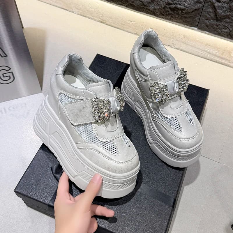 Summer Women's Thick-soled White Shoes New Versatile Breathable Hollow Mesh Sneakers Rhinestone High Heels Women Casual Shoes