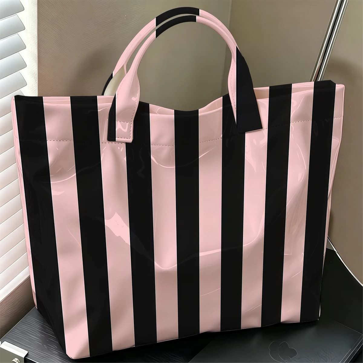 Blush & Black Stripe Hot Sale Large Glossy PVC Tote Bag Hand Washable Waterproof Great for Travel Commute Makeup Storage Handbag