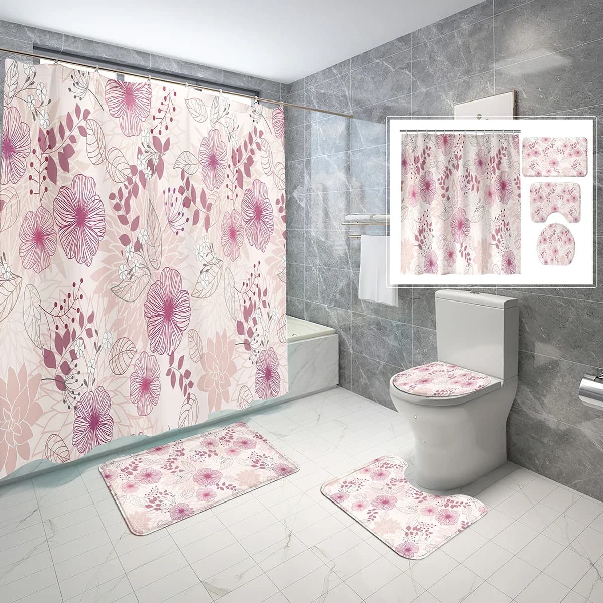 Set di tende da doccia modello vintage da 4 pezzi, tenda da bagno impermeabile per bagno con fiori rosa artistici, set di copriwater per tappetino da bagno antiscivolo
