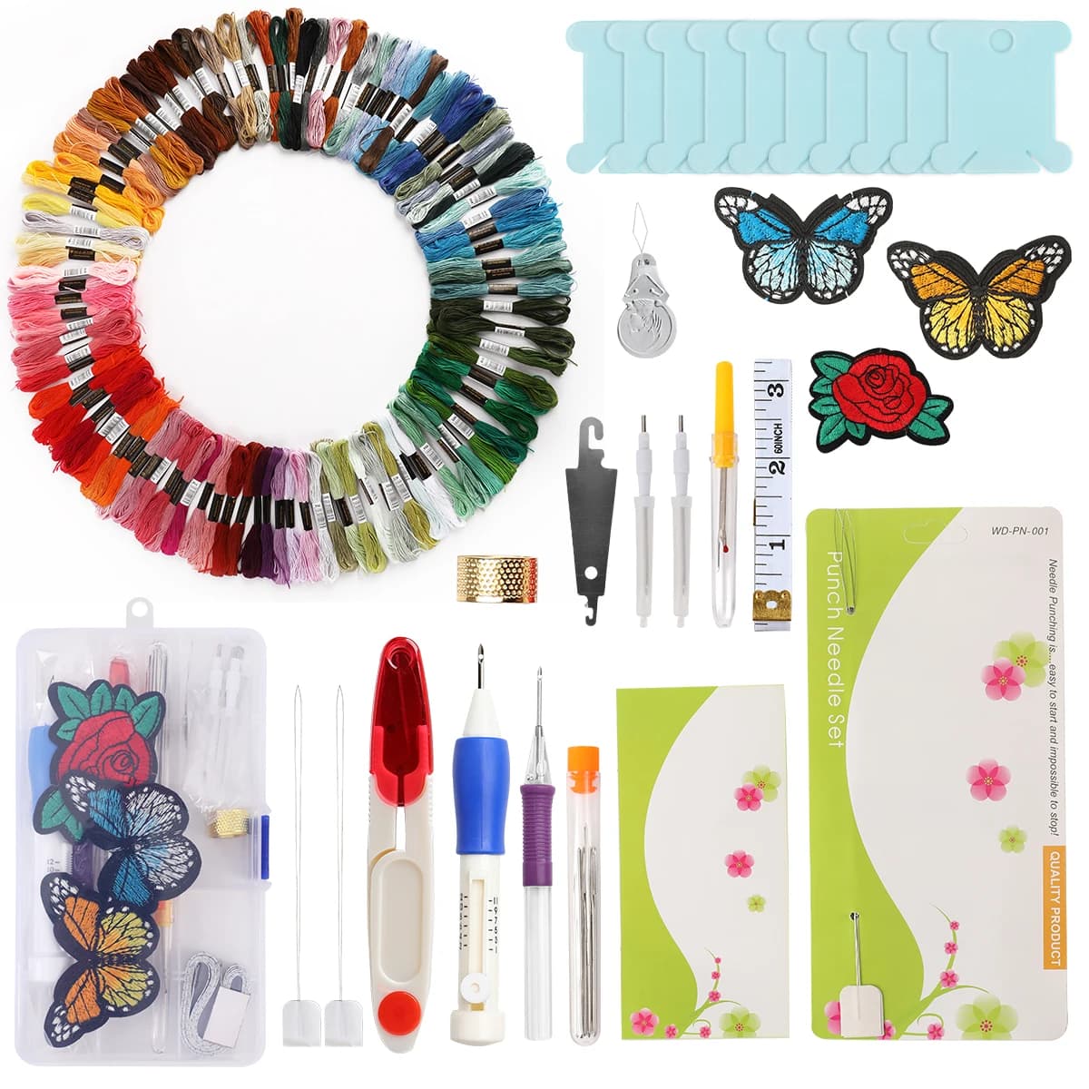 Kit di Ricamo a Mano con 100 Colori di Fili, Set di Aghi per Lavoro a Maglia, Strumenti per Cucito e Ricamo Fai-da-Te per Principianti