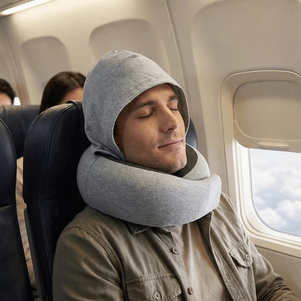 Cuscino da Viaggio a U Traspirante con Cappuccio, Supporto Morbido Regolabile, con Borsa Portaoggetti, Cuscino da Viaggio in Schiuma