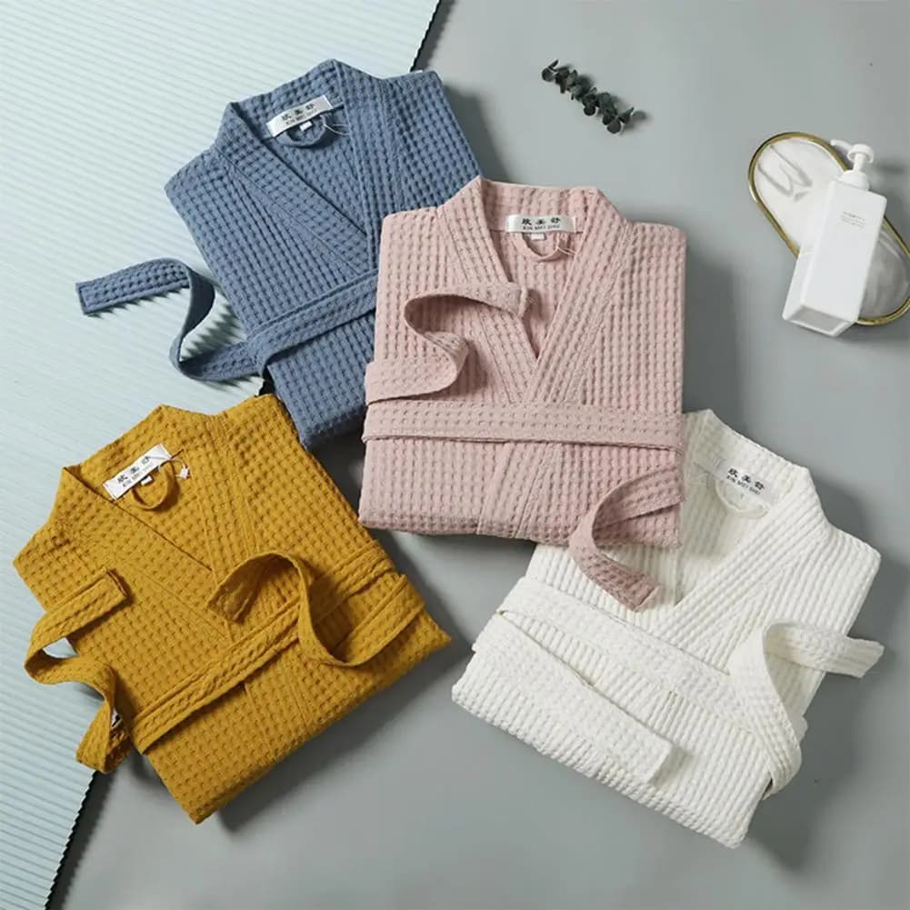 Unisex nightdress V-neck waist with laces long sleeve wide pockets solid color nightwear towel spring robe shower dress pyjamas