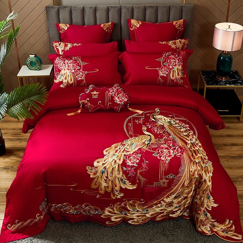 Luxury Bed Linen Set with Embroidery Golden Phoenix, Red Chinese Double Style, 100% Egyptian Cotton, Cushion, Bed linen, Bed linen, Faithful