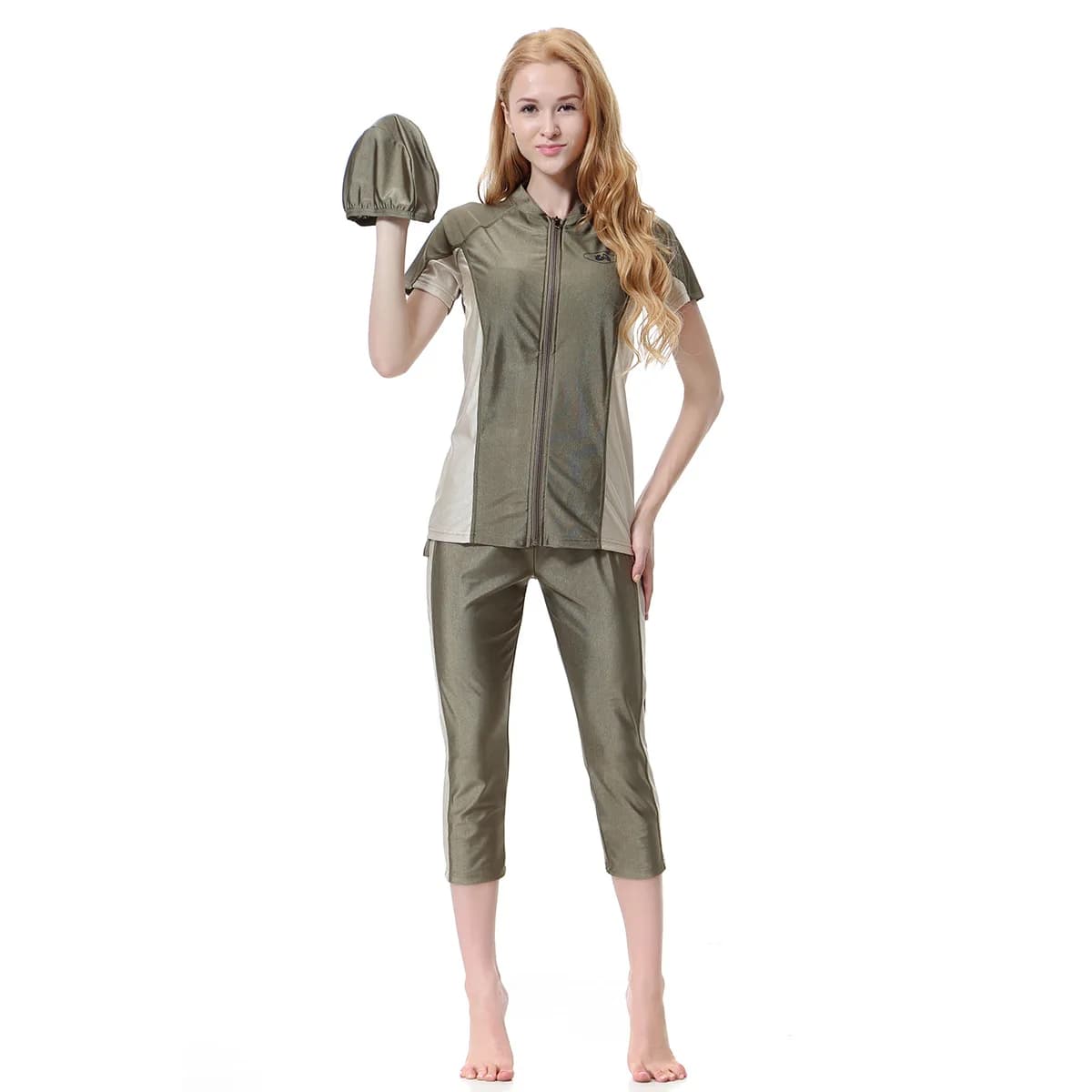 Sport Zip Burkini 3 Tone Colorblock Short Sleeve Capri Pants Swim Cap Quick Dry UV Protection Muslim Women Beach Modest Swimwear