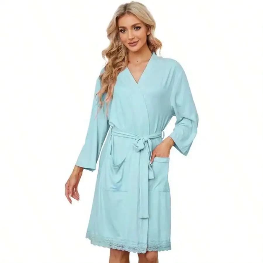 Women Lightweight Soft Spa Bathrobe With Lace Trim 3/4 Sleeve V Neck