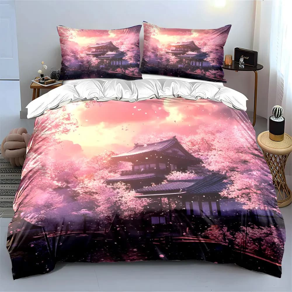 Set di biancheria da letto morbido e delicato sulla pelle con decorazioni artistiche di paesaggi di fiori di ciliegio, include 1 copripiumino e 2 federe, idea regalo