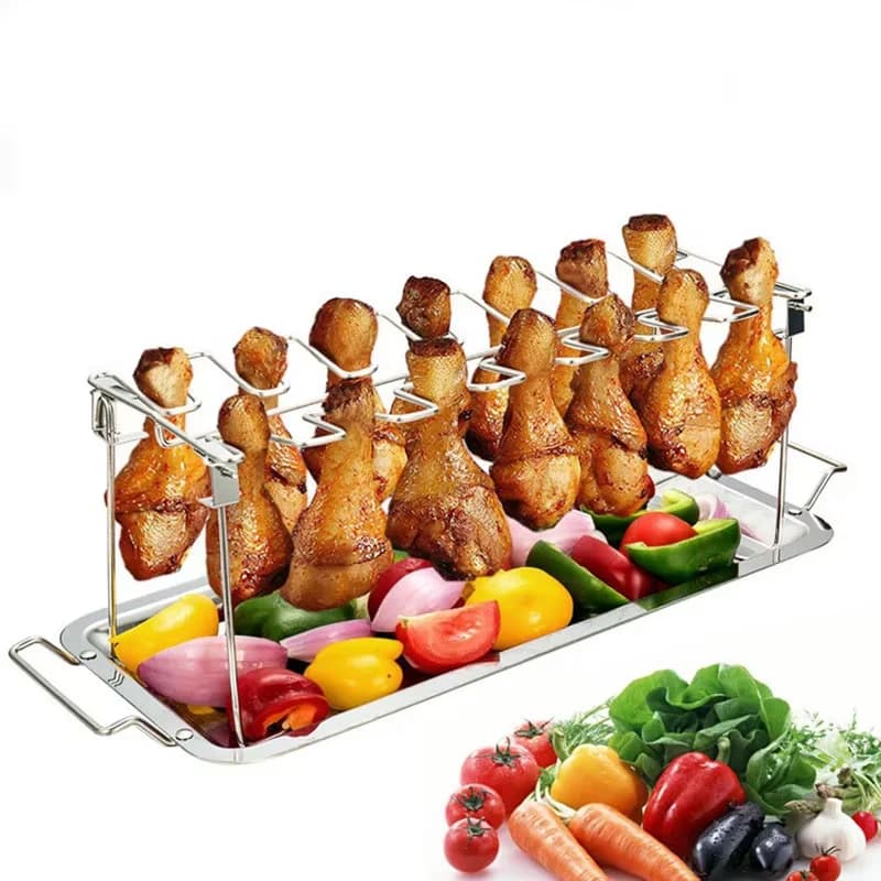 14-Slot Chicken Leg Rack For Grill with Drip Tray Stainless Steel Chicken Wing Rack Chicken Drumstick Holder Rack YY172