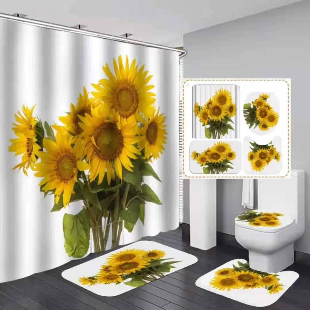 Sunflower 3D Printed Shower Curtain Set With Rugs 4pcs Waterproof Bathroom Sets Wholesale Shower Curtains