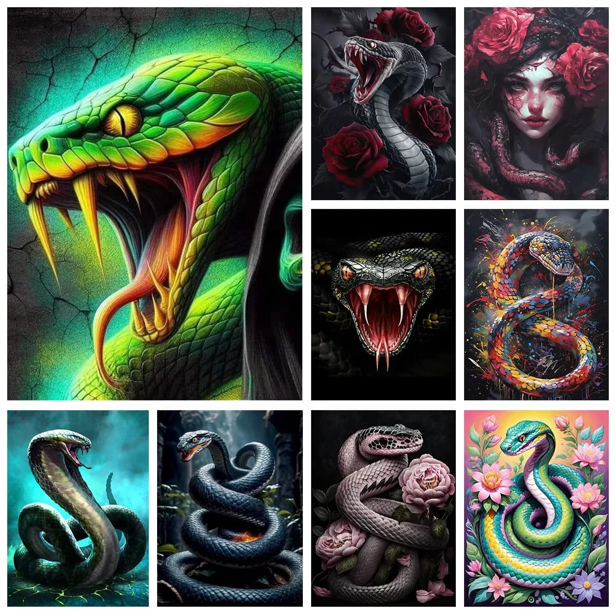 Viper Snake Dark Gothic Floral Animal Portrait Collection Diamond Painting, Handmade Art Exquisite Creative Gift Home Decoration