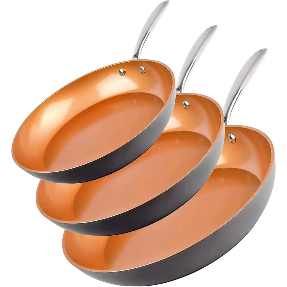 Set of 3 Anodised Duro Aluminum Plates, 8 10 12 Inches with Non-Toxic Coating, Suitable for Induction, Oven and Dishwasher - Copper