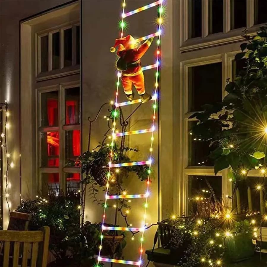 Santa Claus Doll Climbing Ladder LED String Lights Christmas Theme Decor Strip Lamp per la casa Indoor Garden Window Xmas Tree