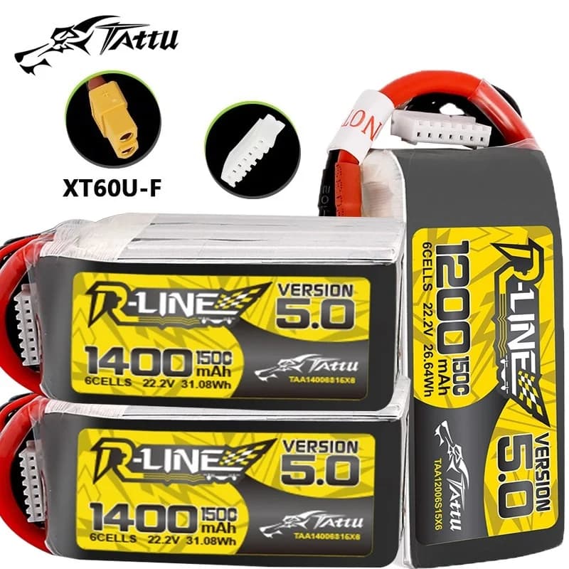 Batteria LiPo HOT TATTU R-LINE 5.0 150C 1200/1400mAh 22.2V per Elicottero RC, Quadricottero, Drone FPV da Corsa, Ricambi Droni 6S