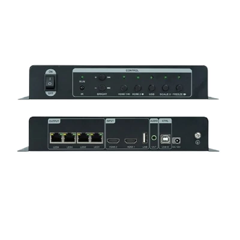 Processore video HD-KV410 con 4 uscite Gigabit Ethernet, supporto per riproduzione di immagini e video da chiavetta USB per display LED