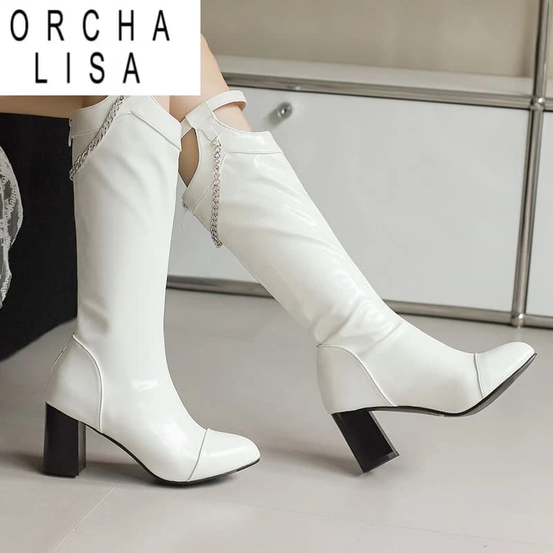 ORCHA LISA Women Knee High Boots Pointed Toe 7.5cm Block Heel Chain Decor Plus Size 46 47 48