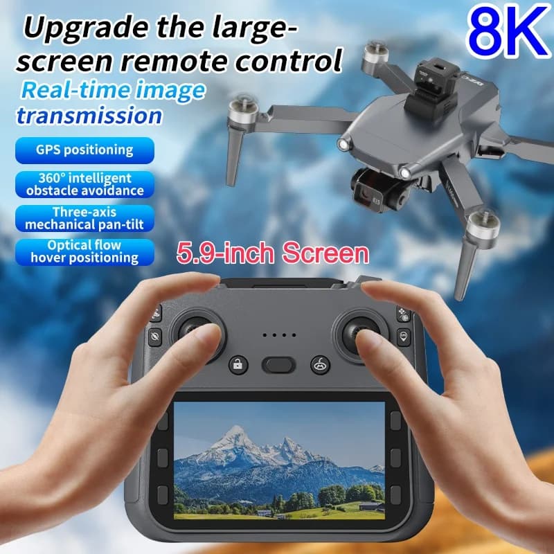 Drone Brushless 3KM con GPS, Gimbal a 3 Assi, Schermo da 5,9 Pollici, Doppia Fotocamera 8K ESC, Rotazione a 360° ° Quadricottero RC con Sistema di Evitamento Ostacoli